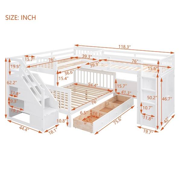 dimension image slide 0 of 3, Stylish Design & L-Shaped Bunk Bed With 3 Beds for Space-saving, Maximized Storage Space