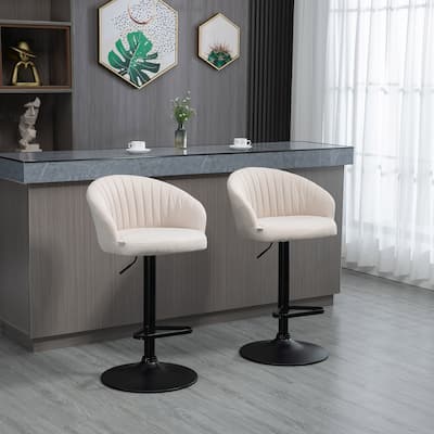 HOMCOM Adjustable Bar Stools Set of 2, Fabric Upholstered Kitchen Stools with Swivel Seat, Steel Frame, Footrest