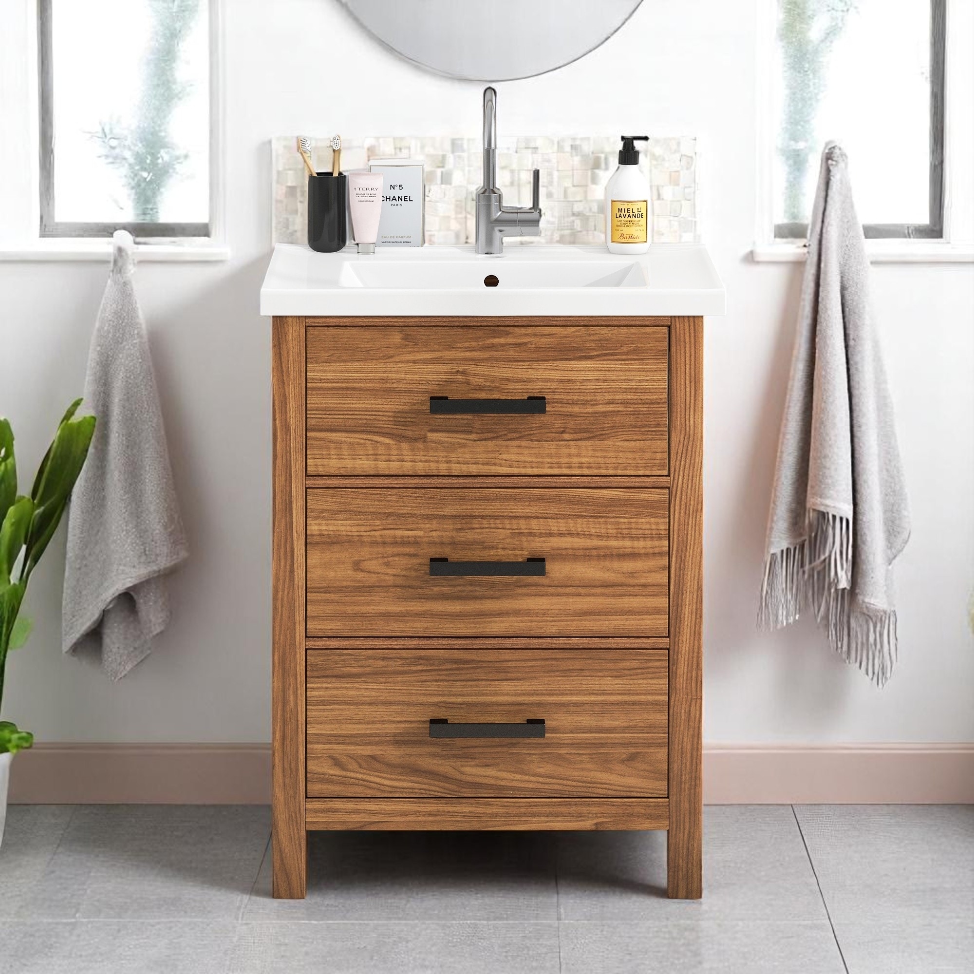24 Inch Bathroom Vanity with Basin Sink, Freestanding Storage Cabinet with 3 Soft-Close Drawers, Compact Design