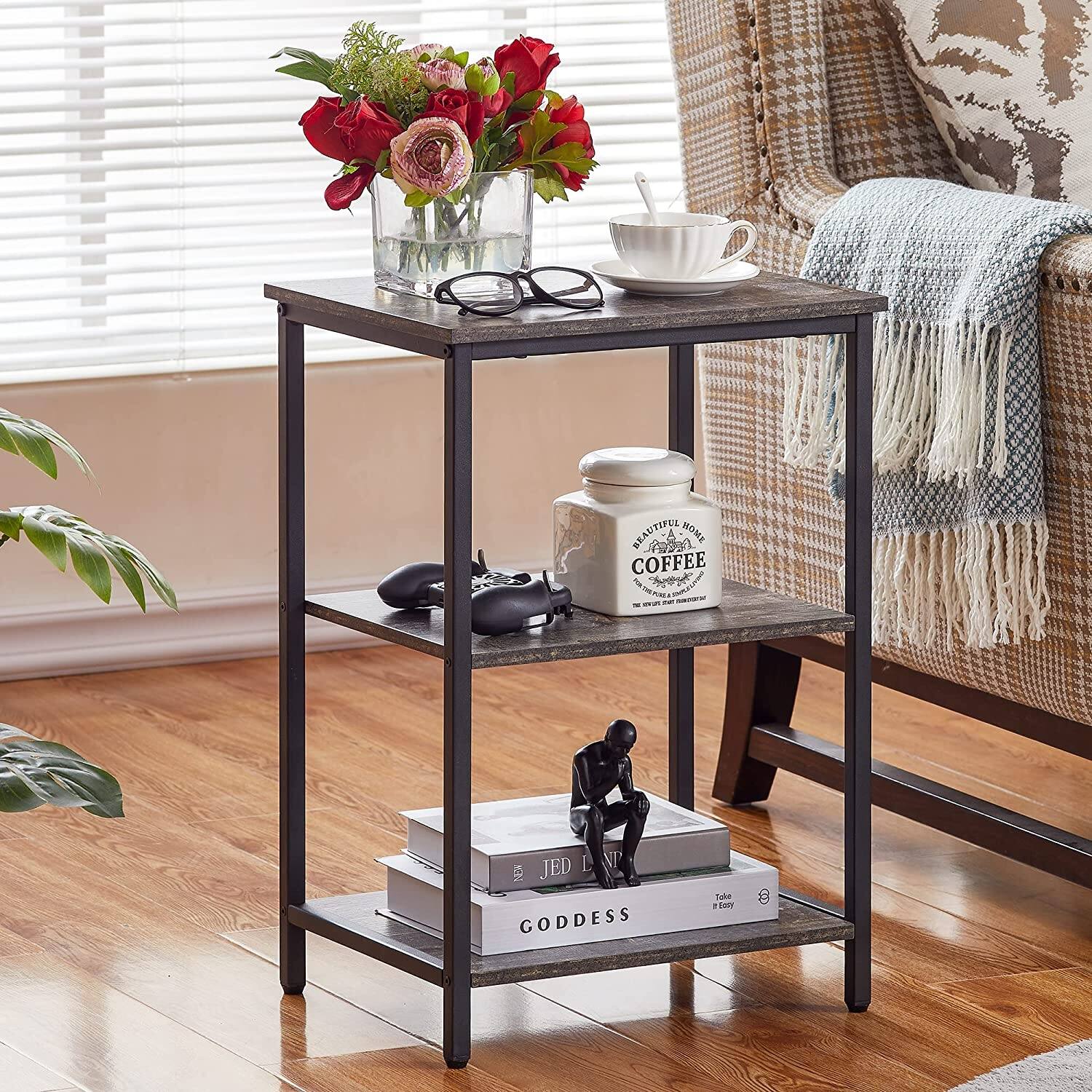 Javlergo Set of 2 End Side Table with 3-Tier Storage Shelf - On