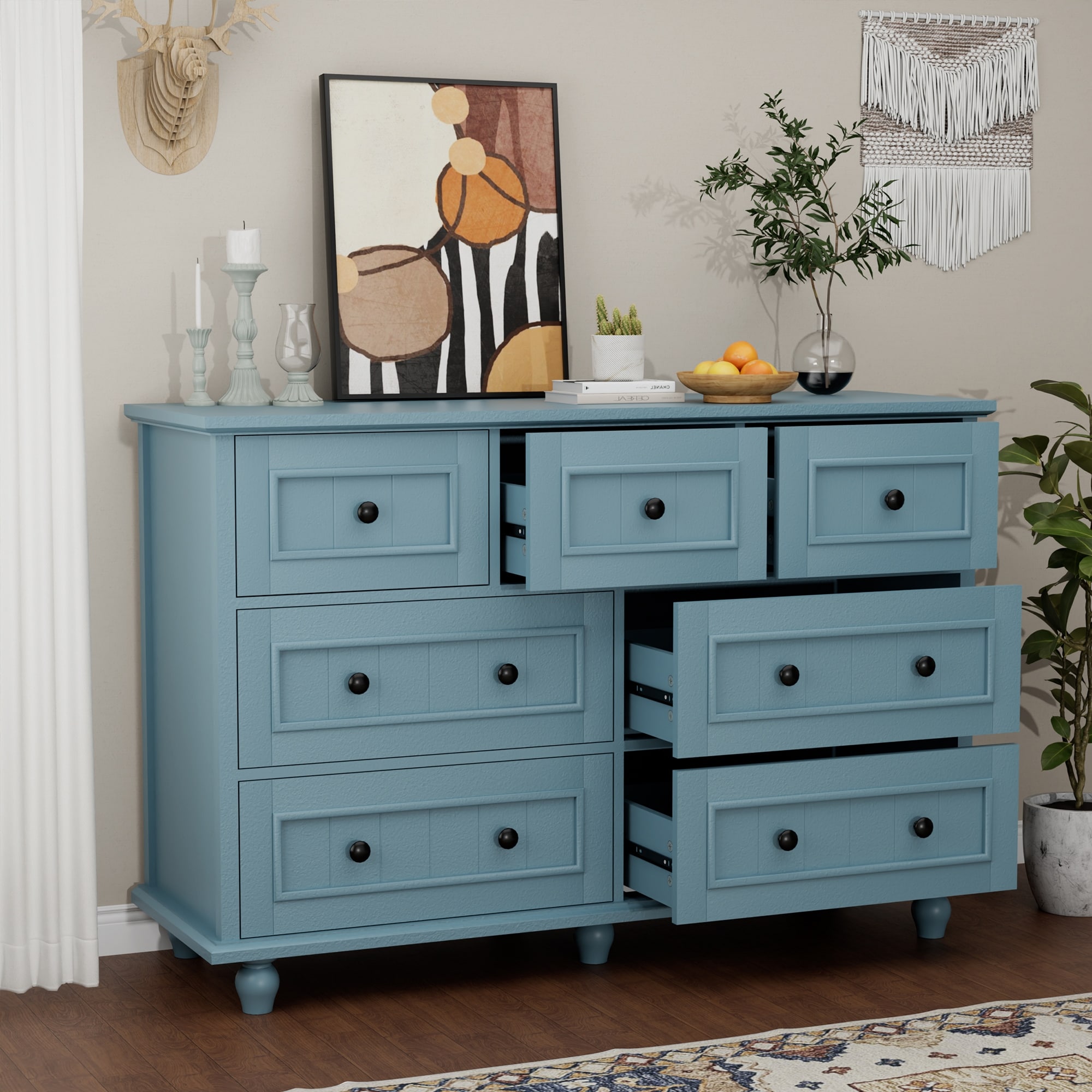 47"W Retro 7-Drawer Dresser Farmhouse Wood Dressers Chest of Drawers - Blue