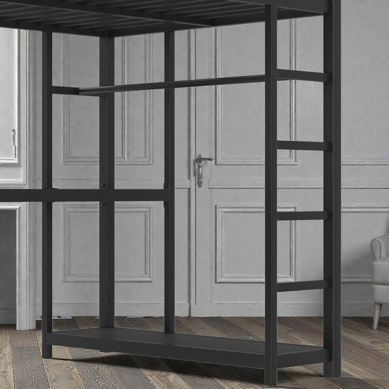 Metal Loft Bed with Wardrobe and L-Shaped Desk, Storage Cubes and Shelves, Space Saving Loft Bed for Teens