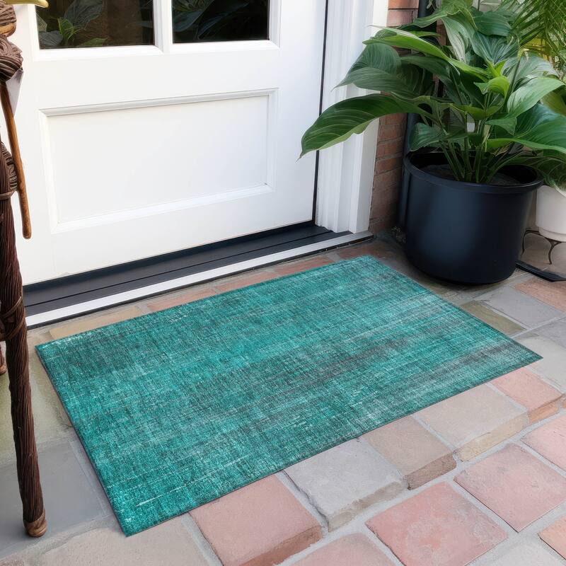 Machine Washable Indoor/ Outdoor Ombre Solid Chantille Rug - 1'8" x 2'6" - Teal