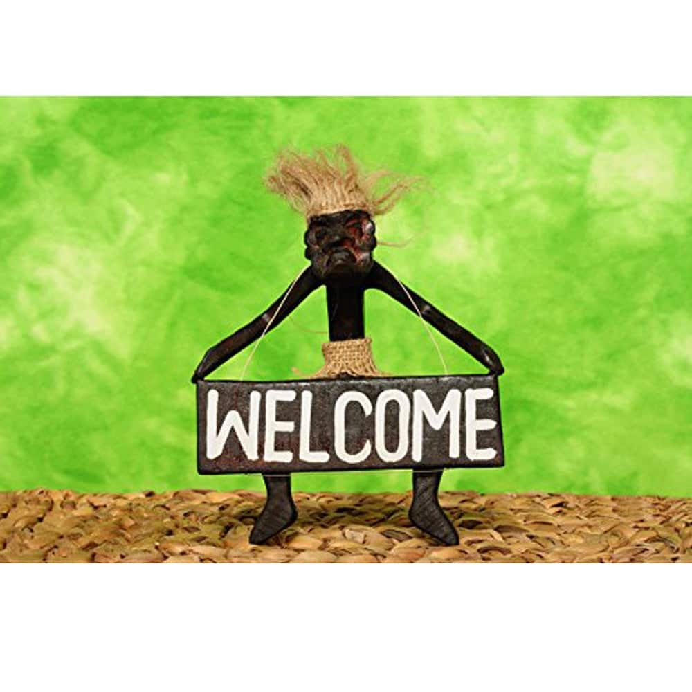 Wooden Handmade Primitive Tribal Statue Holding Welcome Sign Wall Sculpture Tiki Bar Handcrafted Unique Gift Art Decor