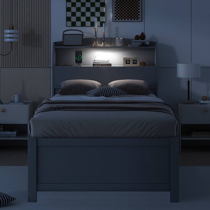 Wooden Platform Bed with Pull Out Trundle Bed and Drawers, All-in-One LED Headboard with Charging Station and Flip Up Storage