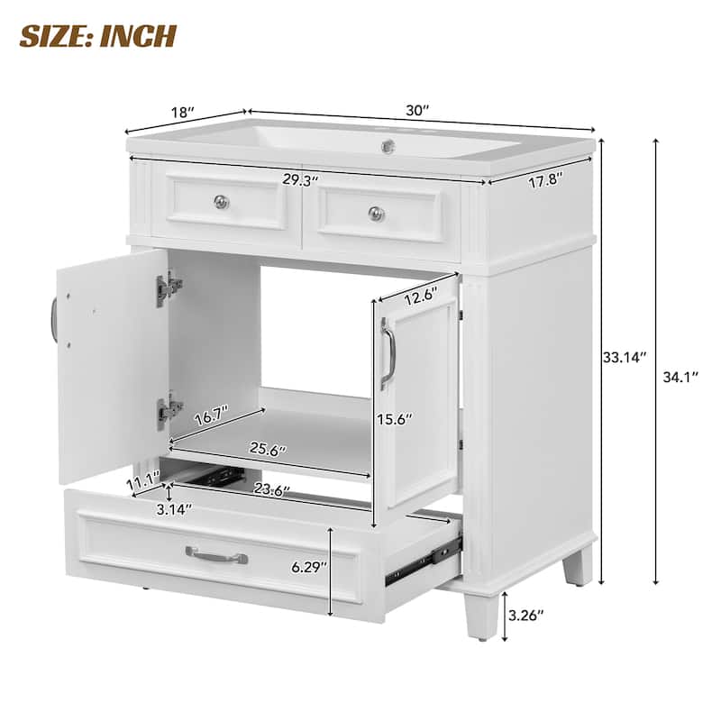 30 Inch Freestanding Bathroom Vanity with Resin Top, Solid Wood & MDF Cabinet, Vintage Design, 1 Drawer 2 Doors