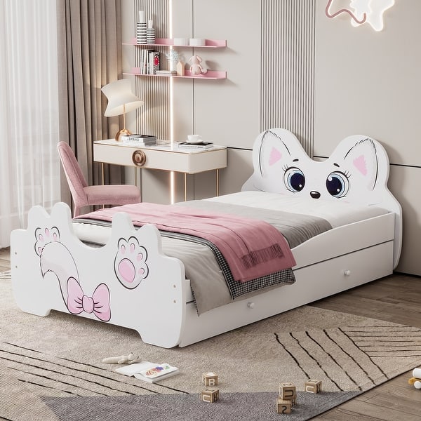 slide 2 of 12, Cartoon Twin Size Platform Bed with Trundle and Cute Headboard, Kids Bed Frame with Sturdy Wood Construction, White White