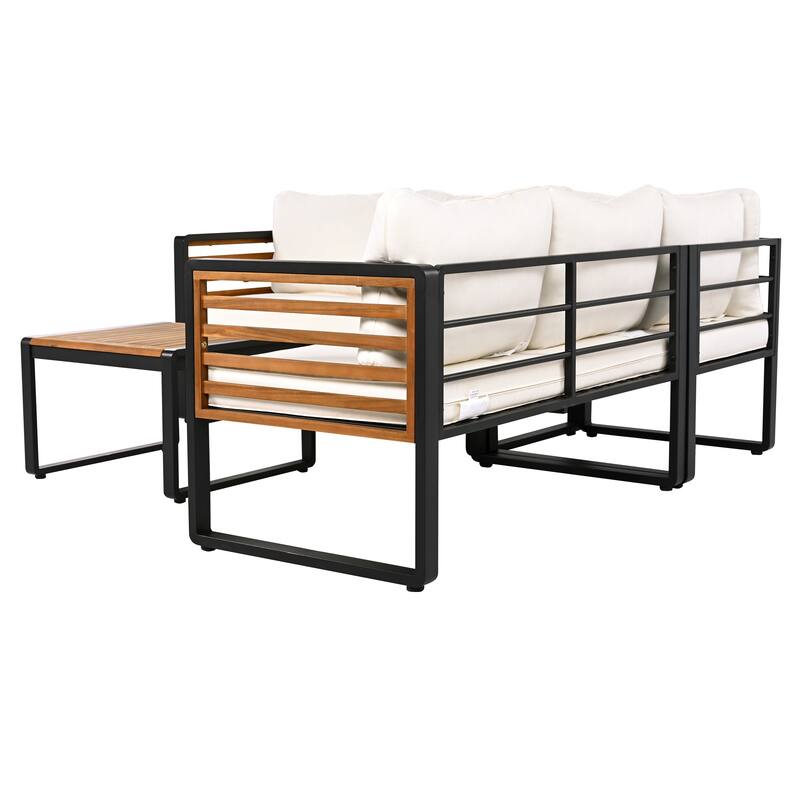 4 Pieces Outdoor Patio Conservation Set, Metal and Wood Frame Sectional L-shaped Sofa with Soft Cushion and a Coffee Tab