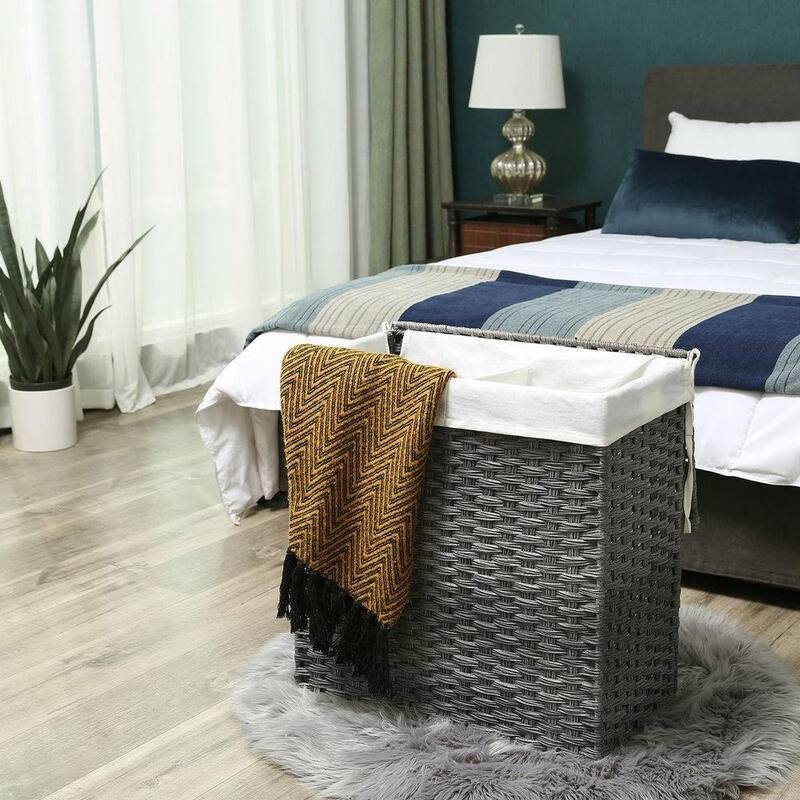 Grey Rattan Laundry Hamper with 2 Compartments, Lid and Extra Liners - 13”L x 22.4”W x 23.6”H (33 x 57 x 60 cm)