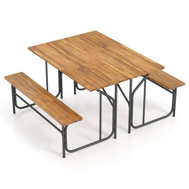 Gymax 2PCS Table Bench Set for 2 Picnic Table & Loveseat w/Acacia Wood