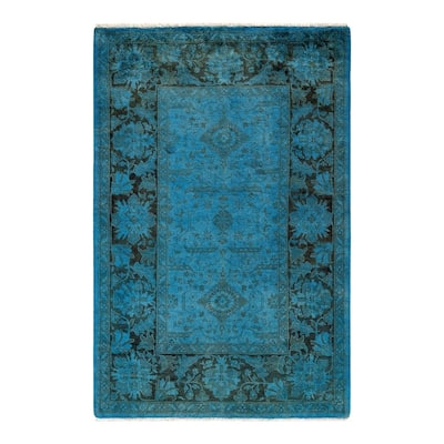 Overton Hand Knotted Wool Vintage Inspired Modern Contemporary Overdyed Blue Area Rug - 4' 1" x 6' 3"