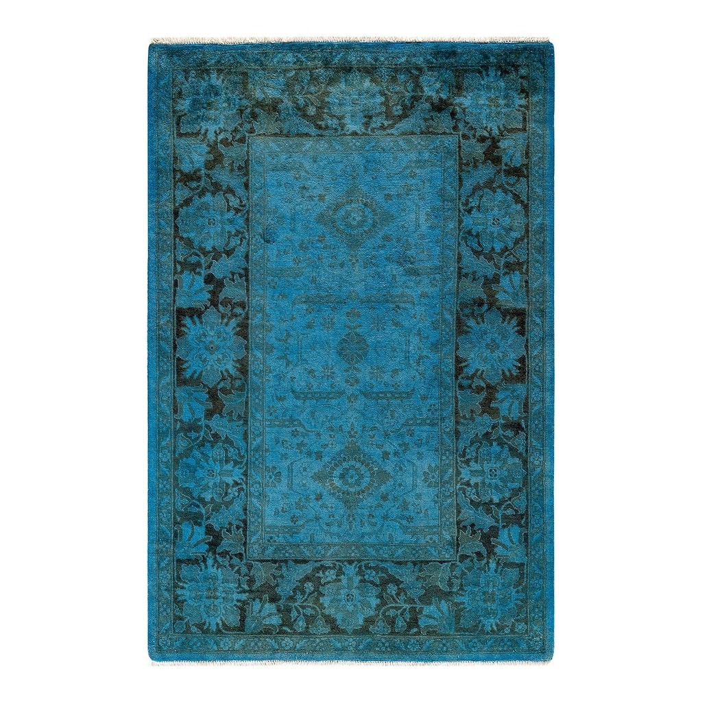 Overton Hand Knotted Wool Vintage Inspired Modern Contemporary Overdyed Blue Area Rug - 4' 1" x 6' 3"