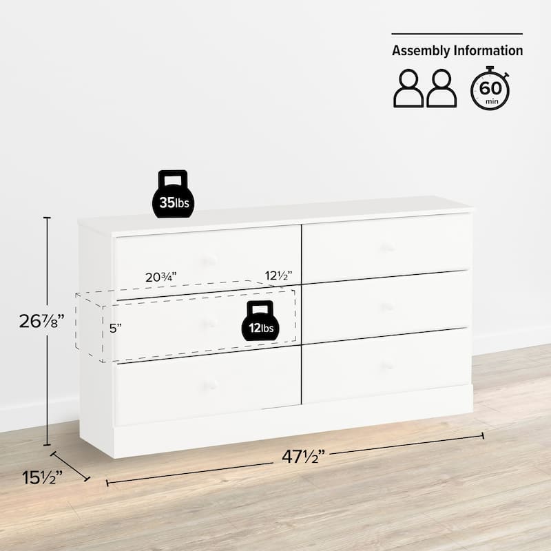 Prepac Astrid 6 Drawer Double Dresser for Bedroom, Wide Chest of Drawers, Bedroom Furniture, Traditional Furniture