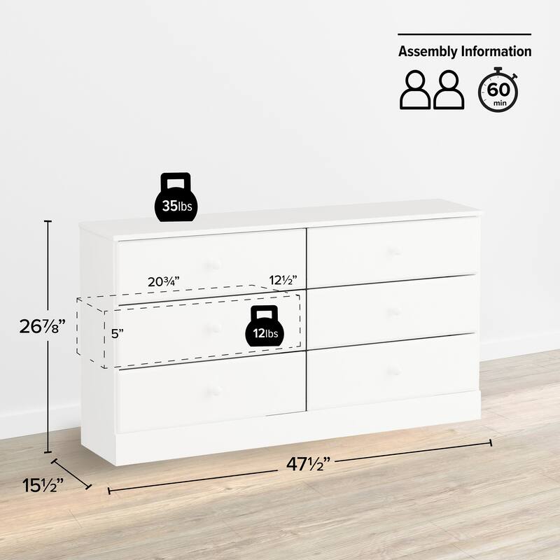 Prepac Astrid 6 Drawer Double Dresser for Bedroom, Wide Chest of Drawers, Bedroom Furniture, Traditional Furniture.