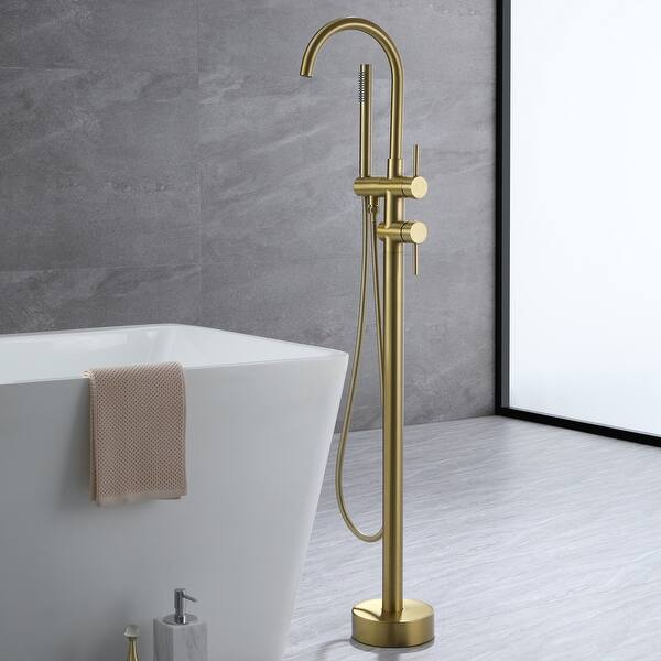 slide 1 of 7, Luxury Brushed Gold Bathtub Faucet Freestanding Tub Filler With Handheld Shower And CUPC Certificate
