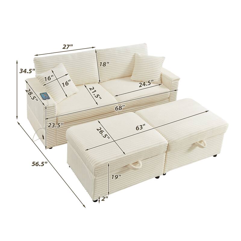 Modern Lazy Sofa Corduroy 2-Seater Sofa with Storage, Ottoman Lift-Arm Tables & USB Port Included, for Living Room