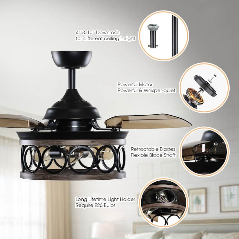 36" Modern Indoor Black Retractable Ceiling Fan with Light and Wall Control