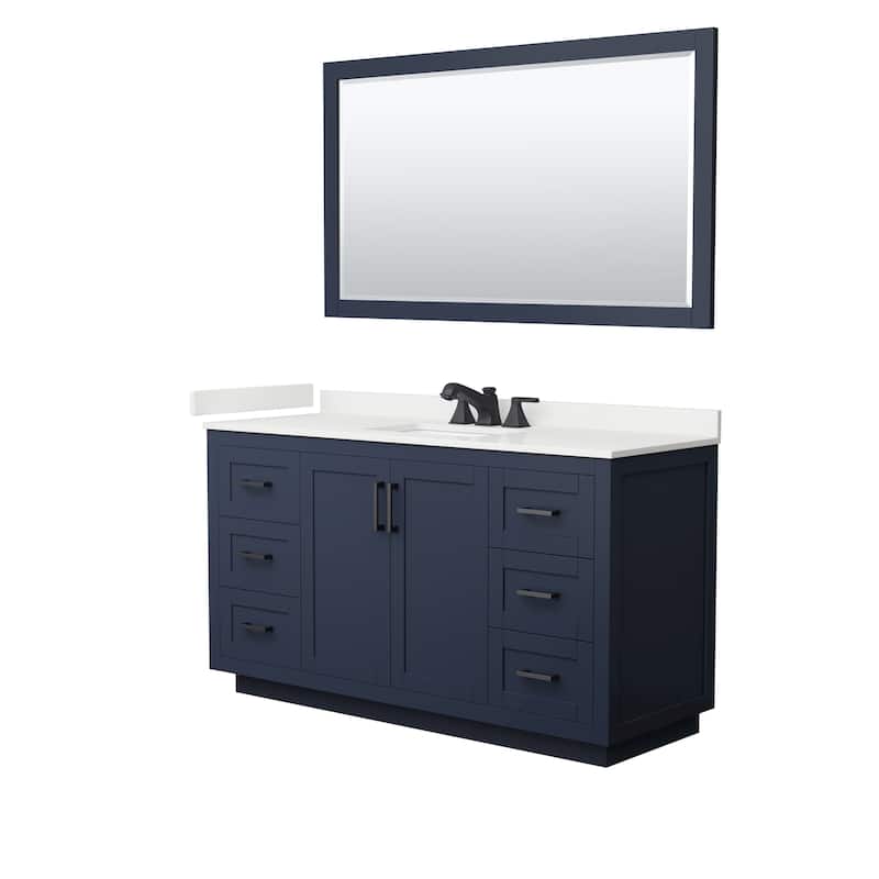 Miranda 60-inch Single Vanity, Quartz Top, 58-inch Mirror - Dark Blue, Black Trim, White Quartz Top
