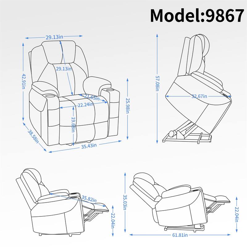 Large Power Lift Recliner with Massage and Heating for Elderly Heavy Duty