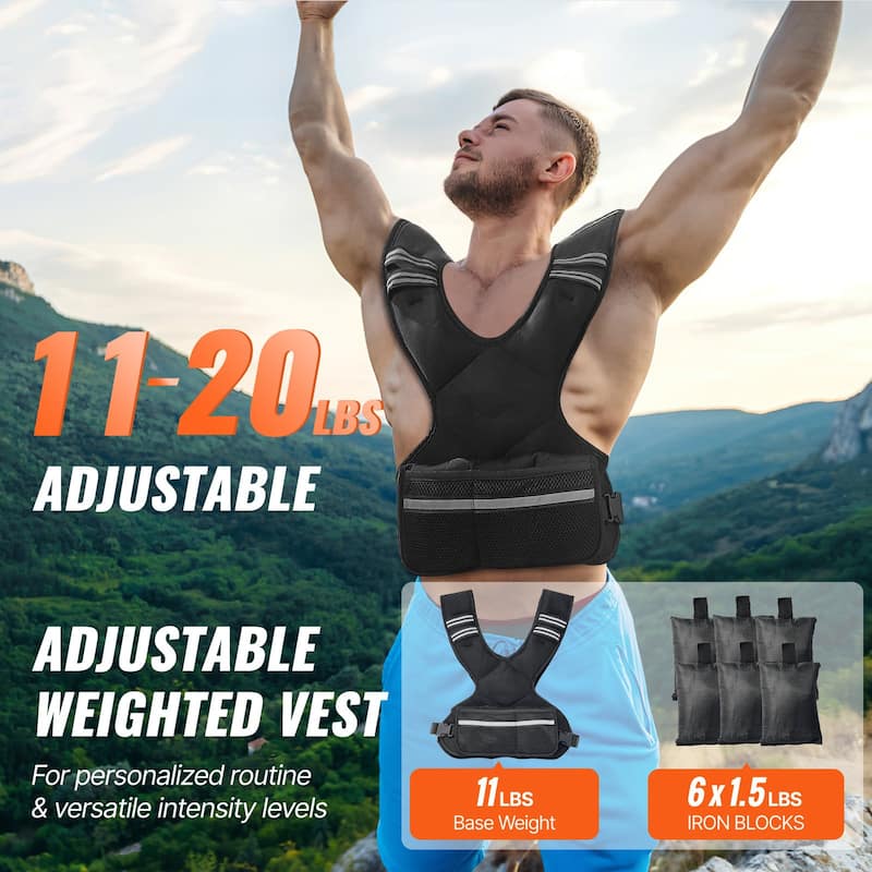 Black Neoprene Adjustable Weighted Vest 11 to 20 lbs with Reflective Strips - 20 Lbs