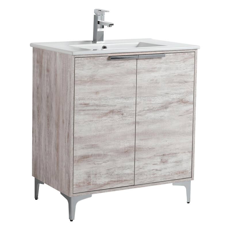 Fine Fixtures Wilmington Bathroom Vanity with White Ceramic Sink. - 30 Inch - Rustic White - Polished Chrome Hardware