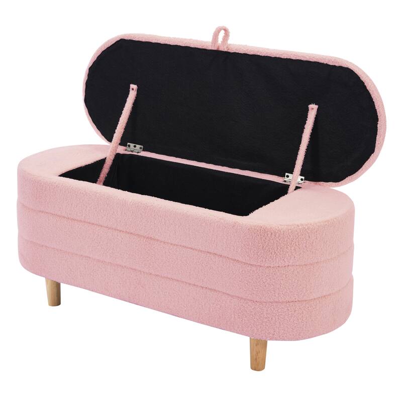 Elegant Upholstered Sherpa Fabric Storage Ottoman with Wood Legs, Storage Bench for Bedroom, Living Room