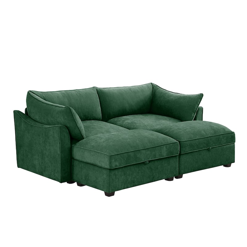 2-Seater Loveseat with 2 Movable Ottoman & Pull out Storage Drawer Under