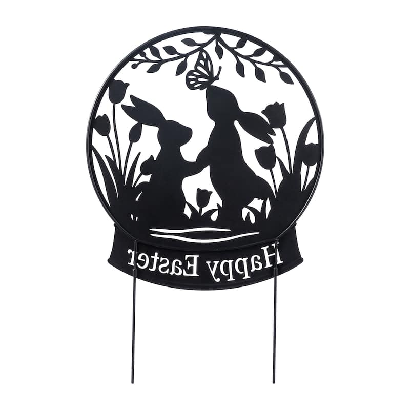 Glitzhome 30"H Easter Metal Silhouette Bunny Couple Yard Stake Wall Decor (Two Function)