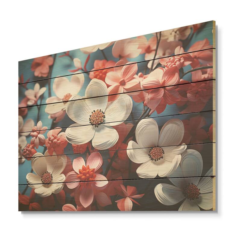 Designart "White And Pink Dogwood Blossoms" Dogwood Wood Wall Decor - Traditional Pink Wood Panel On Natural Pine Wood