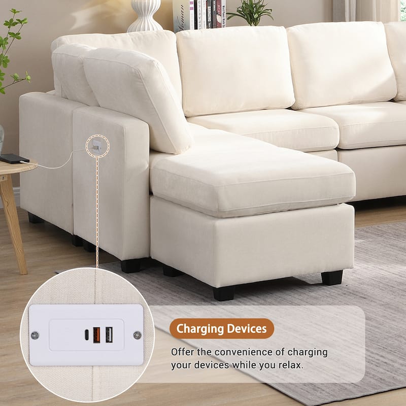 Versatile 103'' U-Shaped 6 Seater Sectional Sofa with Dual Movable Ottomans and 3 USB Charging Ports for Living Room