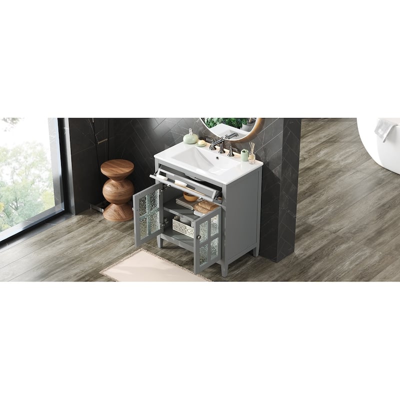 30"Bathroom Vanity with Ceramic Sink, Adjustable Shelf and Tip-Out Tray, Solid Wood Legs, Metal Knobs and Soft Close Hinges