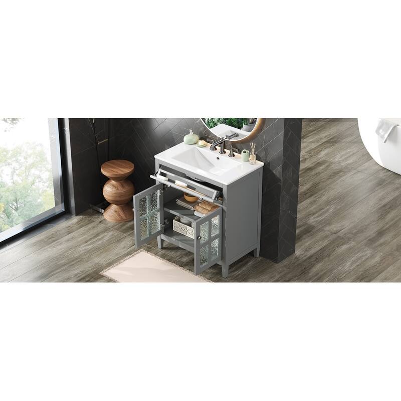 Bathroom Vanity with Ceramic Sink, Bathroom Cabinet with Tip-Out Tray, 2 Textured Glass Doors & Adjustable Shelf