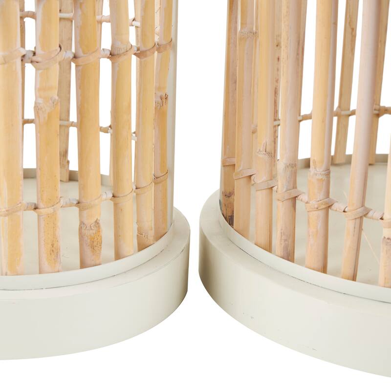 Brown Bamboo Wood Handmade Birdcage with White Metal Accents (Set of 2)