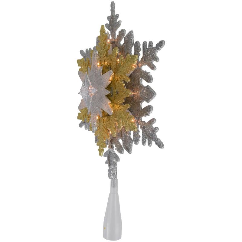 13.75" Lighted Gold and Silver Snowflake Christmas Tree Topper Clear Lights