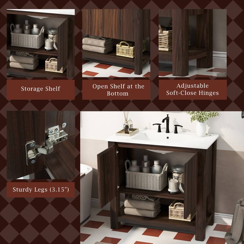 36" Bathroom Vanity with Large Cabinet, Soft-Close Doors, 45-Degree Free Handle Design & Open Bottom Shelf