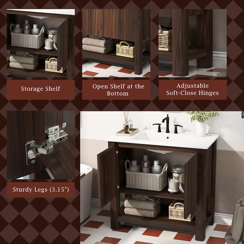 Bathroom Vanity with Ceramic Sink, Bathroom Cabinet with Soft-Closing Doors, Freestanding Cabinet with Open Shelf
