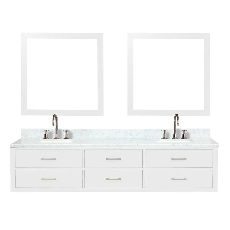 Lexora Castor Double Bath Vanity, Carrara Marble Top, Faucet Set, and Mirrors - 84 Inch - White