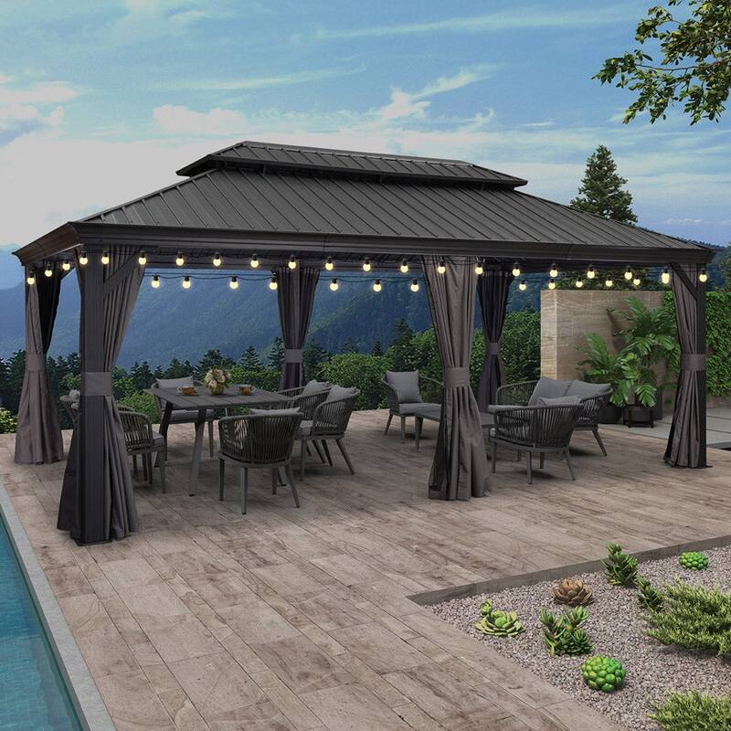 PURPLE LEAF Outdoor Galvanized Steel Hardtop Gazebo, Aluminum Frame Gazebo With Curtains and Light - 12ft x 20ft