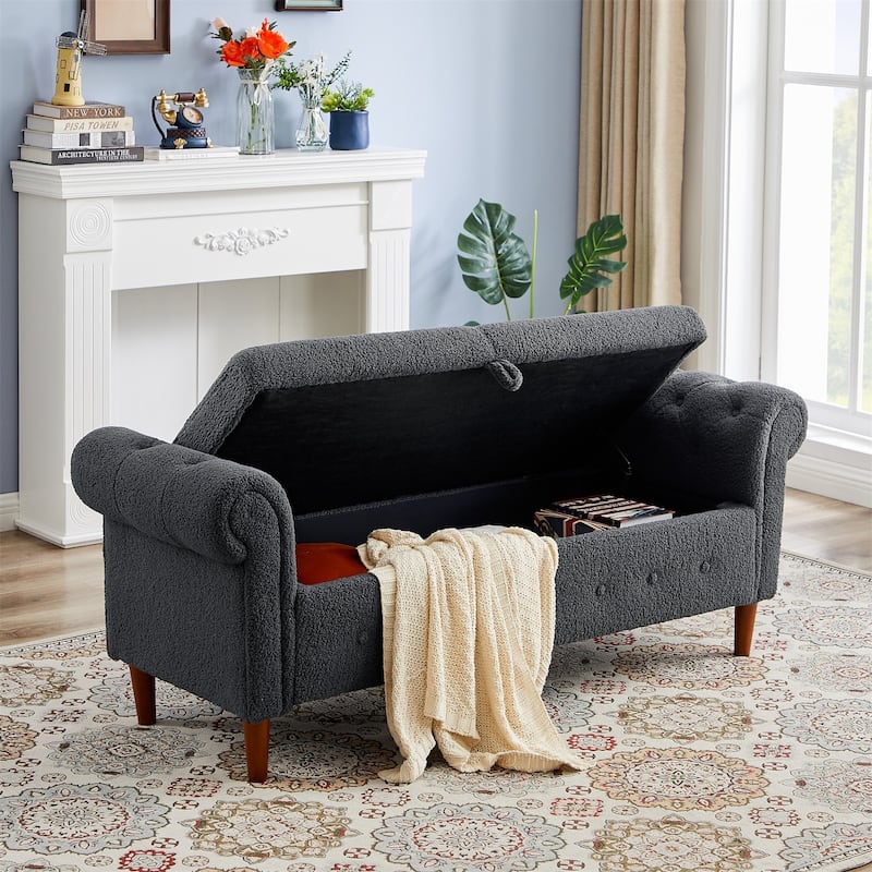 Storage Ottoman Bench with Safety Hinge, Upholstered Storage Bench with Seating for Living Room