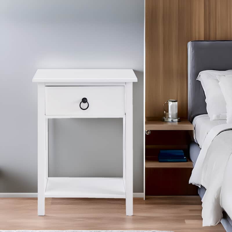 Space-Saving Wooden Side Table with Storage Drawer and Spacious Compartment - Single, White