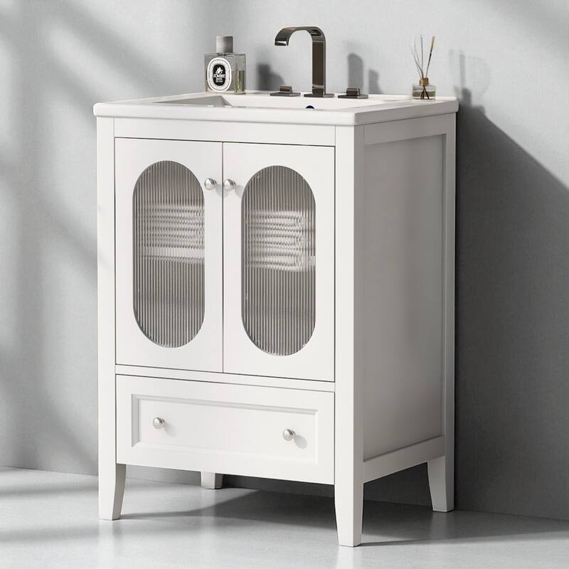 24" Bathroom Vanity with Ceramic Sink, Freestanding Cabinet with Drawer, Moru Glass Doors & Adjustable Shelf - White
