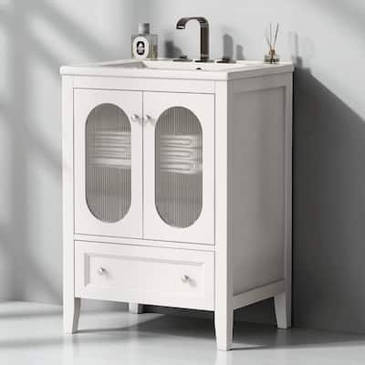 24" Bathroom Vanity with Ceramic Sink, Freestanding Cabinet with Drawer, Moru Glass Doors & Adjustable Shelf