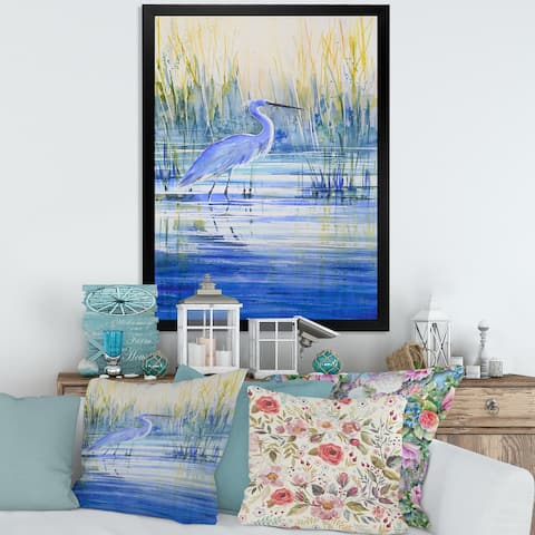 Designart 'Blue Heron on The Lake Shore At Sunset' Traditional Framed Art Print