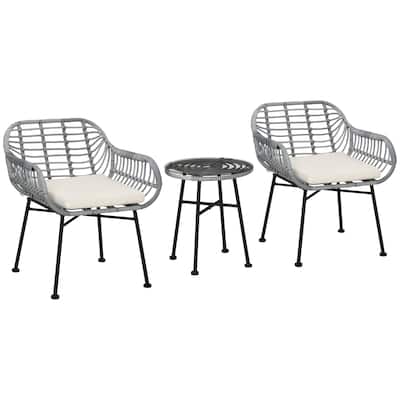 3 Piece Patio Set, Outdoor Bistro Furniture, PE Rattan Wicker Table and Chairs, Cushioned, Hand Woven, Modern Look with