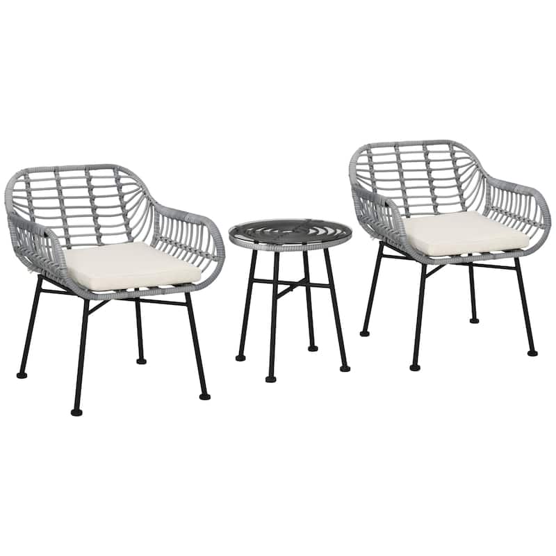 3 Piece Patio Set,Outdoor Bistro Furniture,PE Rattan Wicker Table and Chairs,Cushioned,Hand Woven - Gray+White Matte