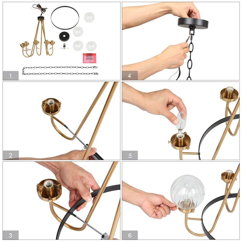 Modern Farmhouse 5-Light Black Gold Chandelier Wheel Shape Pendant Lights for Dining Room - 22" D x 21.5" H