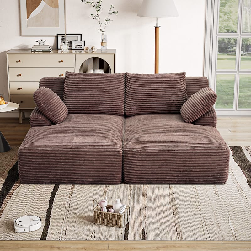 Fluffy Double Chaise Lounge Set Plush Corduroy Sleeper Sofa Bed - Brown