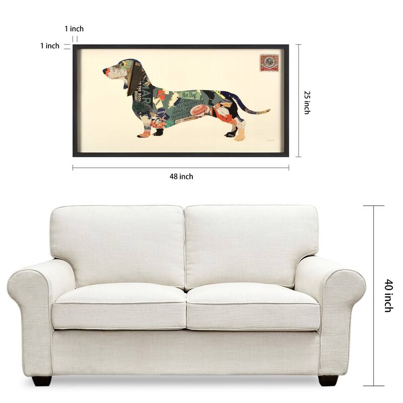"Dachshund" Alex Zeng's dimensional collage, under glass & a black shadow box frame