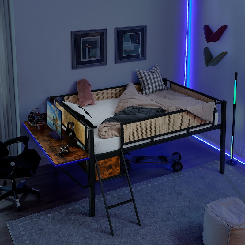 Metal loft Bed With Desk,LED loft Bed Frame Double Bed,Shelves,hanging compartments,safety guard,ladder,no box springs required
