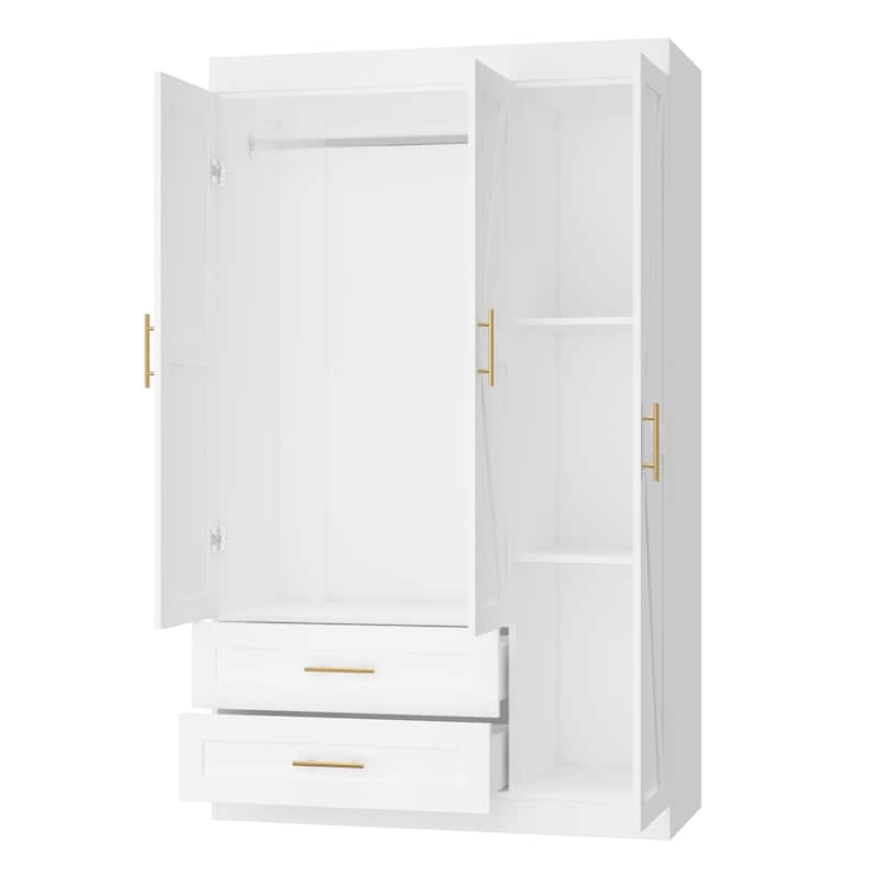 Classic Three-Door Wardrobe,Wood Bedroom Armoire with Hanging Rod and Shelves,Spacious Storage Closet,Modern Farmhouse Design